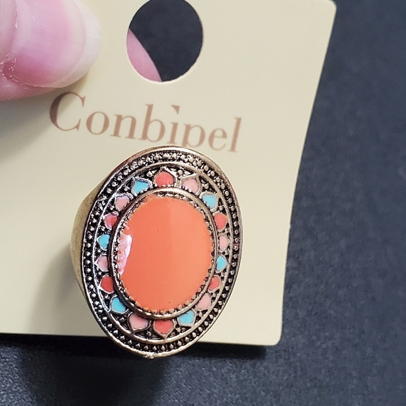 *Sale* Gold tone peach, blue and pink enamel ring Size 6.5 - Picture 3 of 8